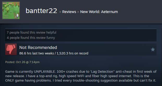 Screenshot of the story called A New World: Aeternum, according to Steam Reviews